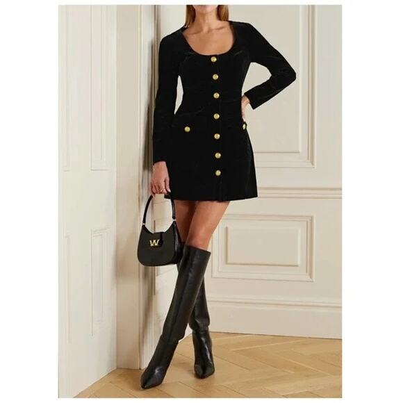 NWT A.L.C. Ivy Velvet Gold Button-Front Pockets Mini Dress Black Size 14 - Picture 1 of 4